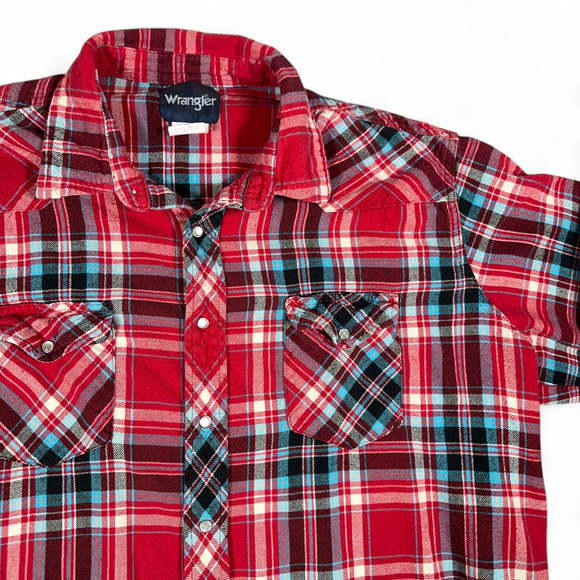 Vintage Wrangler Western Shirt Adult XXL Red Blue Plaid Flannel Pearl Snap Y2K - Picture 2 of 9